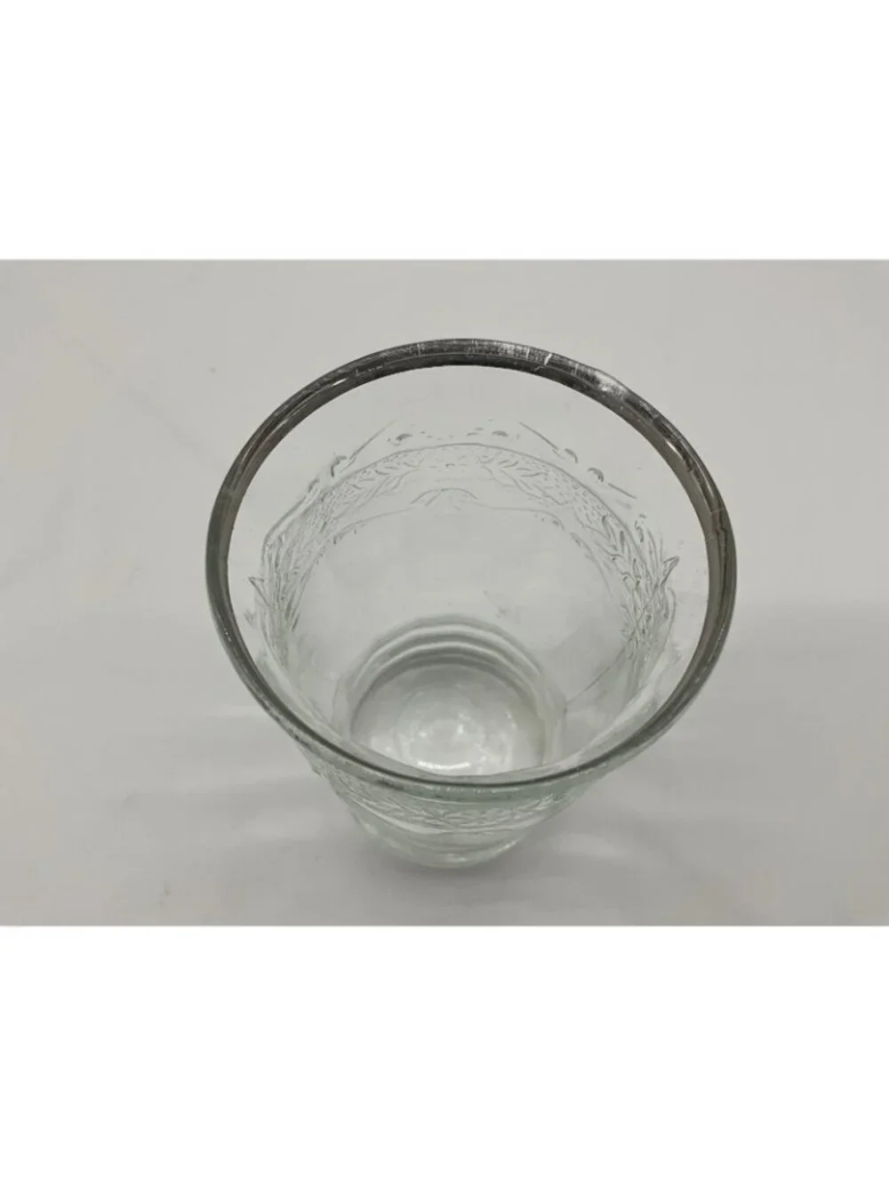 MacBeth -Evans Strippled Rose Band Clear Depression Glass Tumbler w/silver Rim